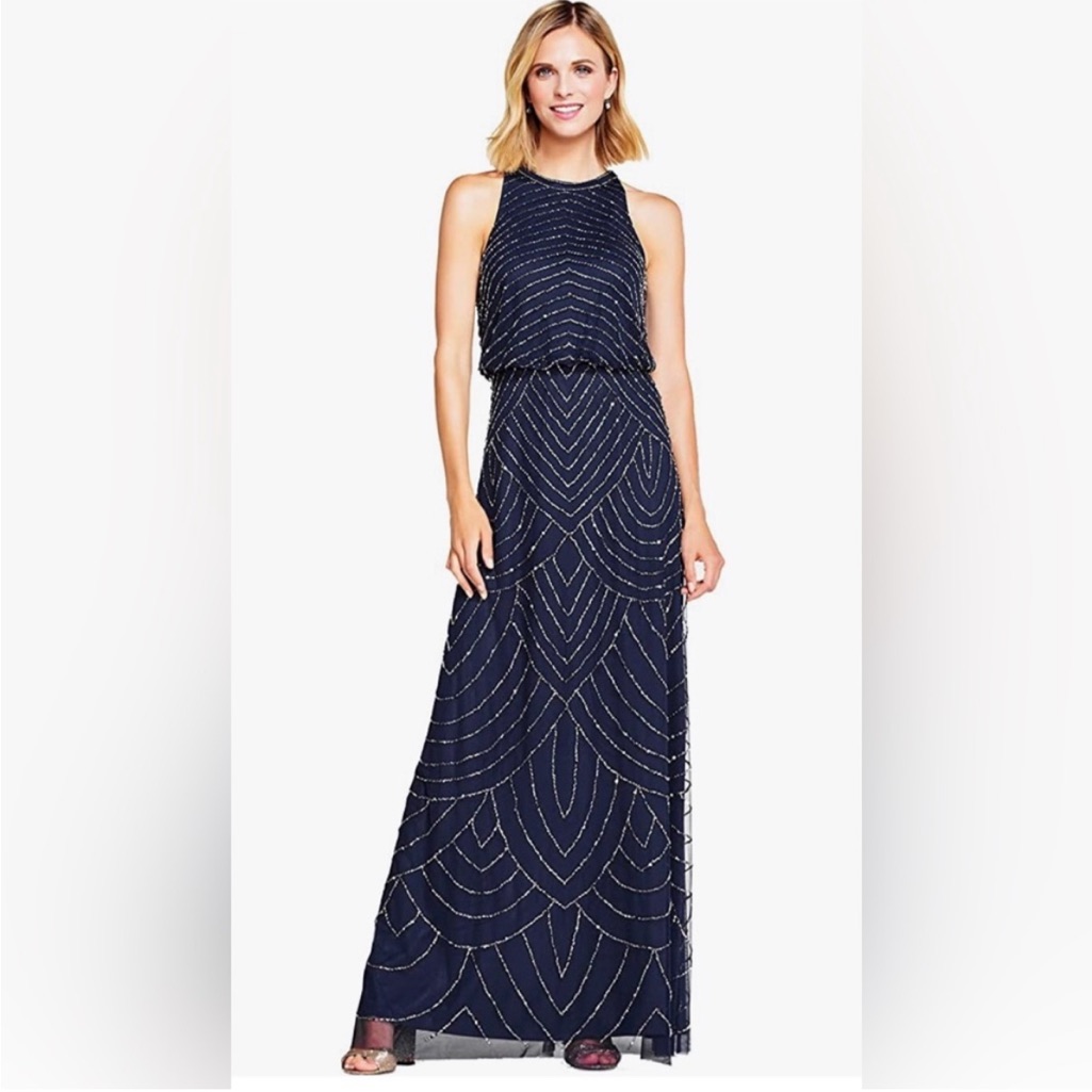 Adrianna Papell Navy Beaded Halter Maxi Dress, Nwt Size 8